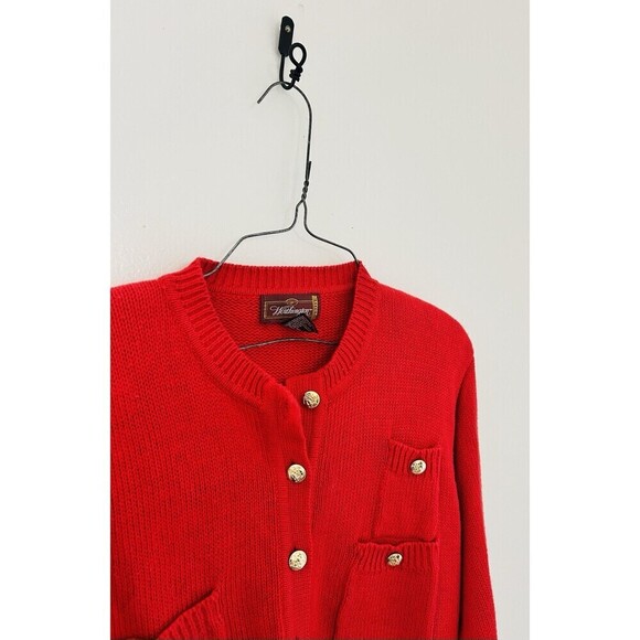 Vintage 90s Worthington Fire Engine Red Gold Button Up Cardigan Petite Sz Med - Picture 2 of 7